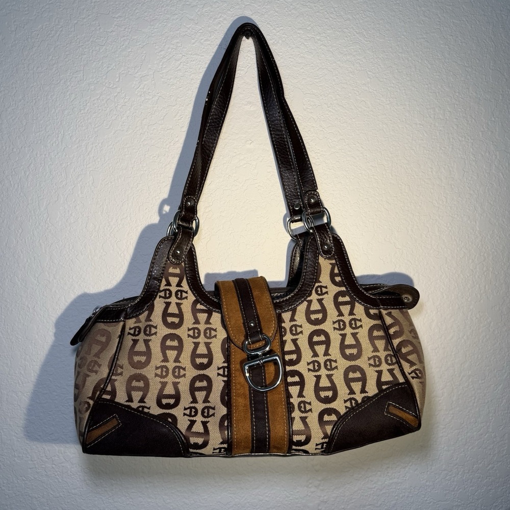 Etienne Aigner VTG‎ Brown Canvas Leather Signature Logo Satchel Handbag Purse